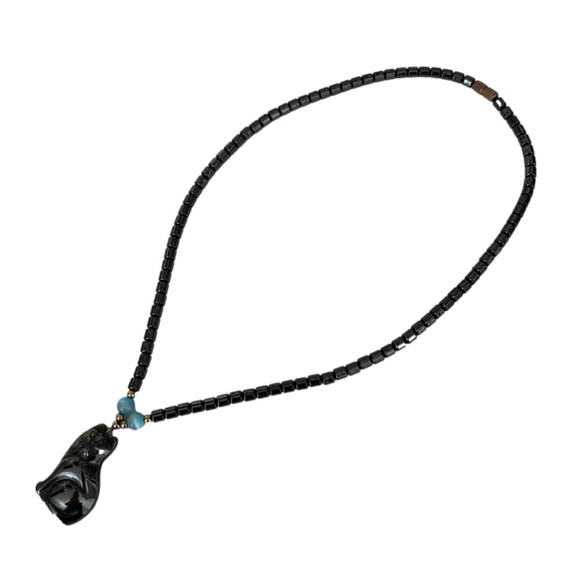Vintage Carved Stone Cat Pendant Hematite And Blue Cat Eye Beaded Necklace 17” - Picture 2 of 9